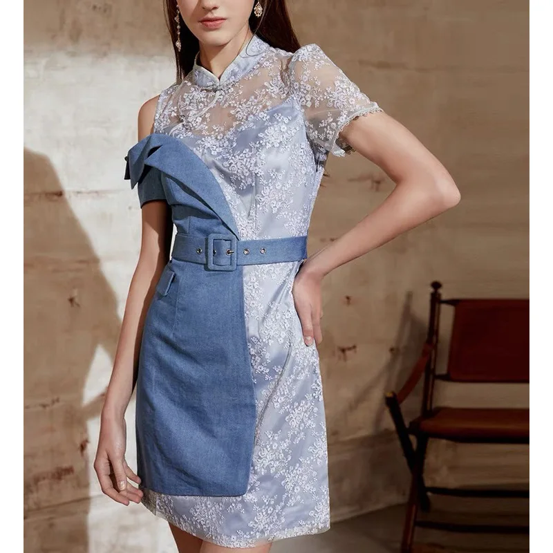 

Лето 2021, праздничное платье-Ципао для молодых девушек, джинсовое кружевное вышитое платье