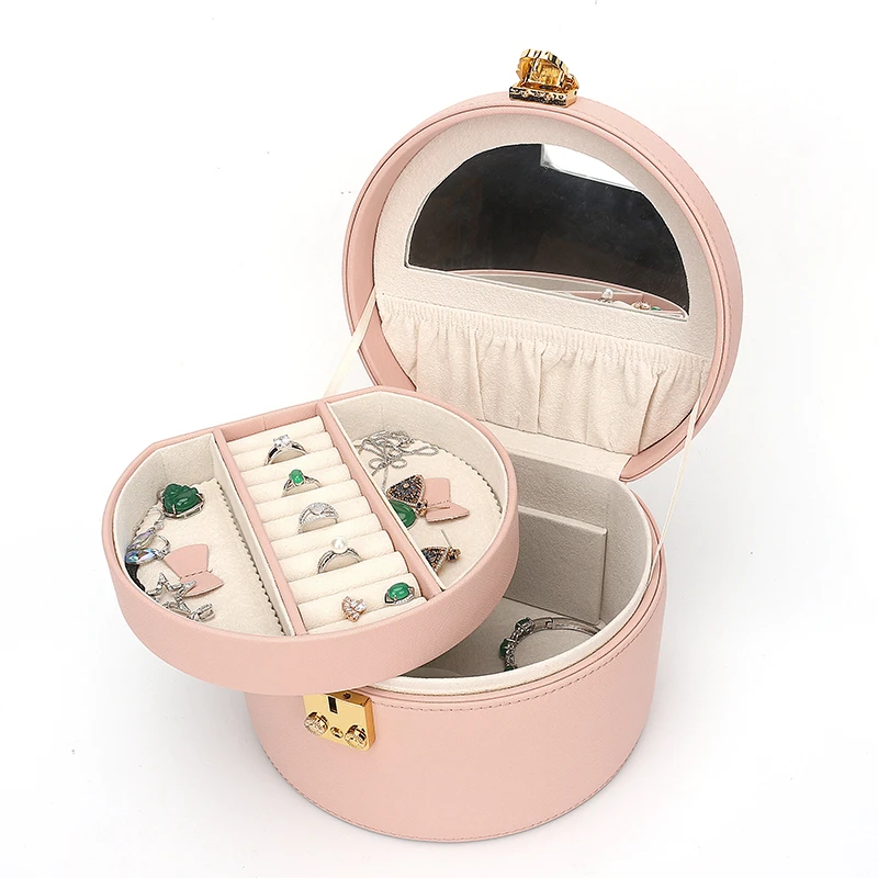 New Exquisite Portable Pu Leather Jewelry Boxes With Lock Multifunctional Double-layer Ring Necklace Earrings Watch Storage Box