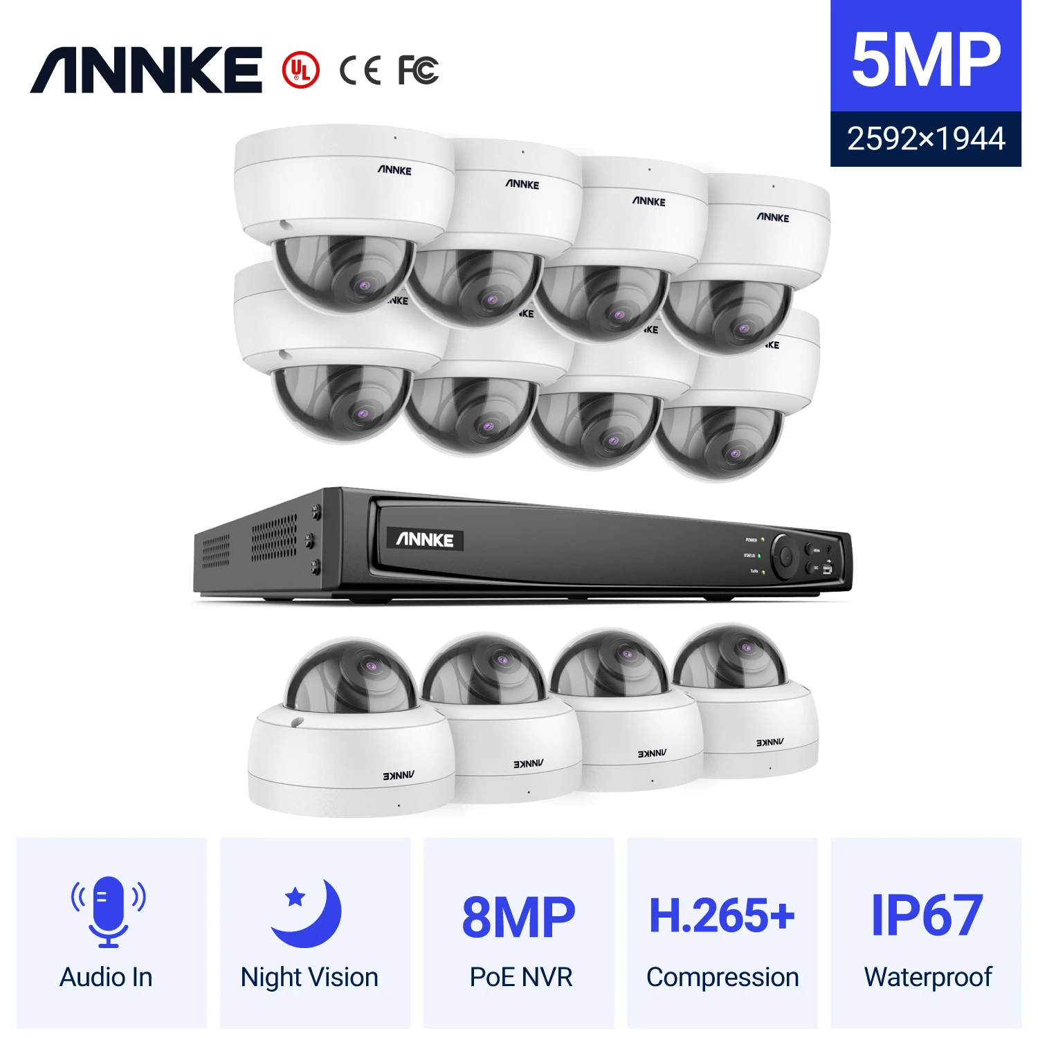 

ANNKE 16CH FHD 5MP POE Video Security System H.265+ 8MP NVR With 12X 5MP Dome Surveillance POE Camera Audio Record 4K Ip Camera