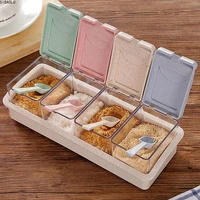 seasoning storage box wheat straw with spoon 4 compartment spice box storage container condiment jars for spice sugar salt