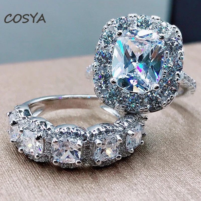 

COSYA 100% Стерлинговое Серебро 925 пробы геометрический Высокоуглеродистый бриллиант сверкающий обручальный классический набор колец для женщ...