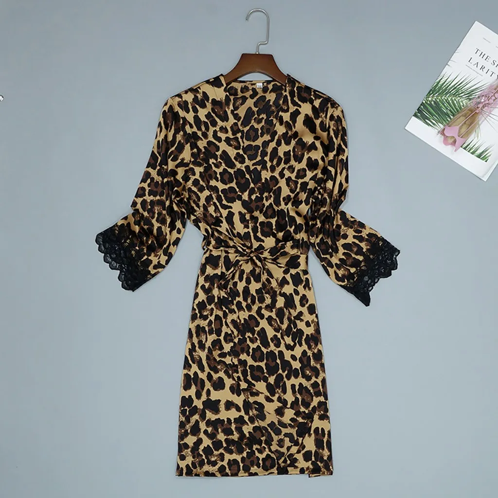 Атласные шелковые женские пижамные комплекты кардиган леопардовая ночная