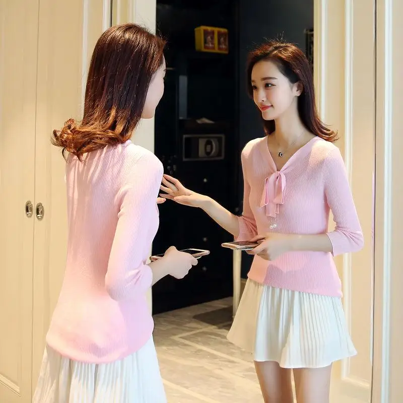 

Knitwear Large Size Long-sleeved V-neck Sweater Lace Up Women Spring and Autumn Slim Fashion Trend Wild