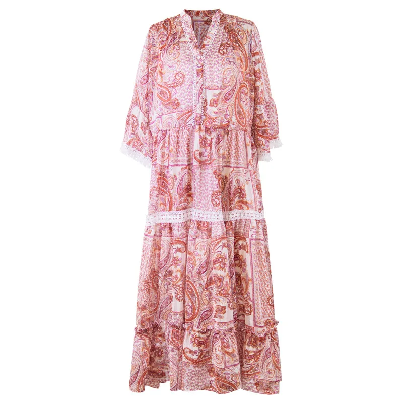 2020 Women Bohemian Style New Design V-neck Long Dresses Flare Sleeve Printing High Quality Holiday Clothing | Женская одежда