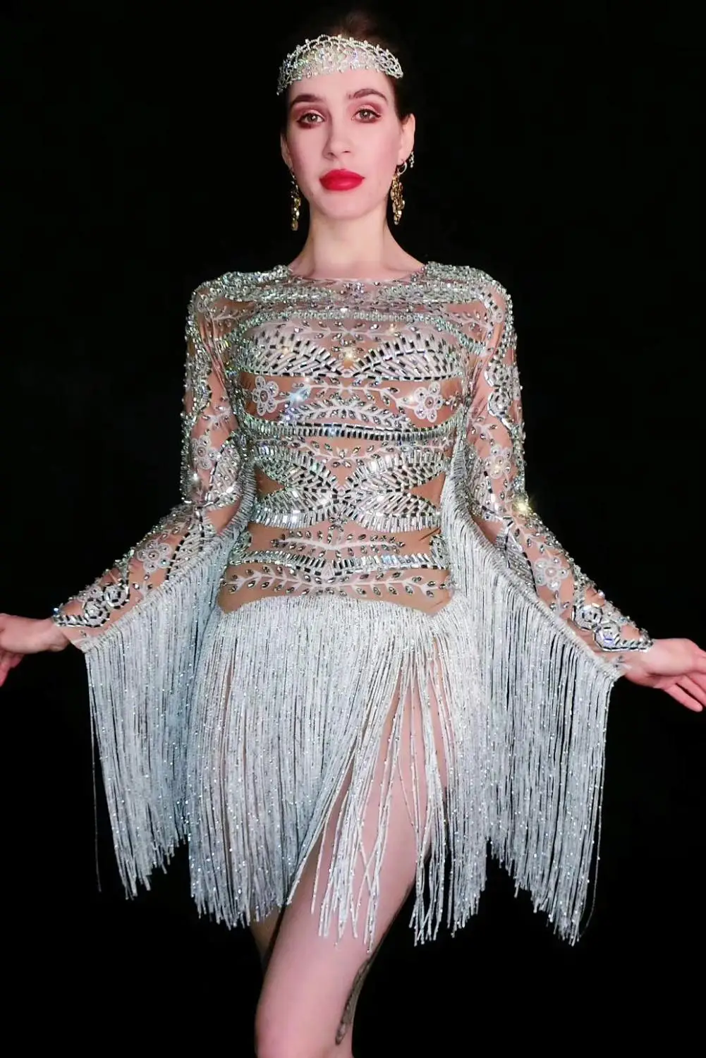 Vintage Print Rhinestones Tassel Bodysuit Women Jazz Modern Dance Costume Nightclub Bar DJ Singer Dancer Performance Bodysuit