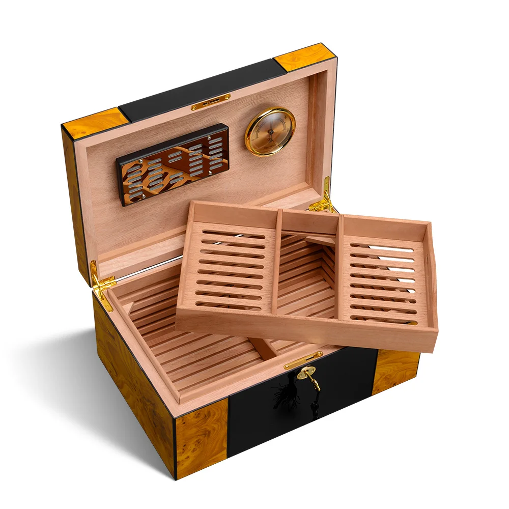 COHIBA-humidificador de cigarros multicapa, caja humidificadora de madera de cedro, de gran capacidad, estuche port&aacute;til de viaje, apto para 150pc-5