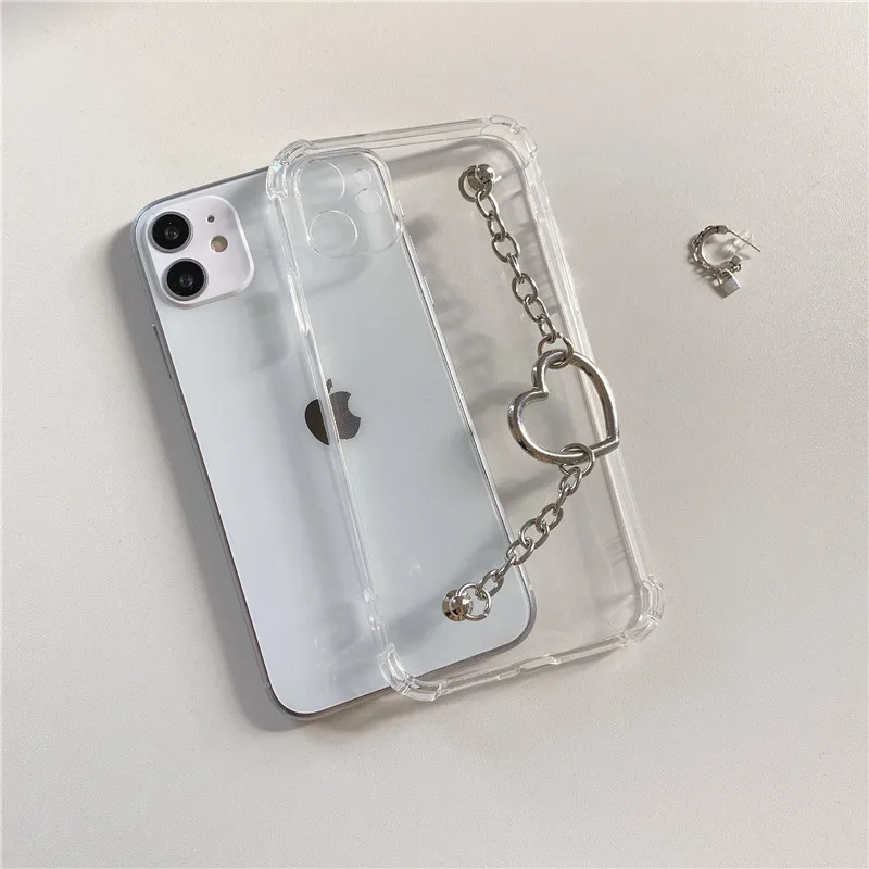 

Love Heart Chain Wrist Strap Phone Case For iPhone 12 11 Pro Max 7 8 Plus X XR XS Max Mini Transparent Bumper Back Cover Coque
