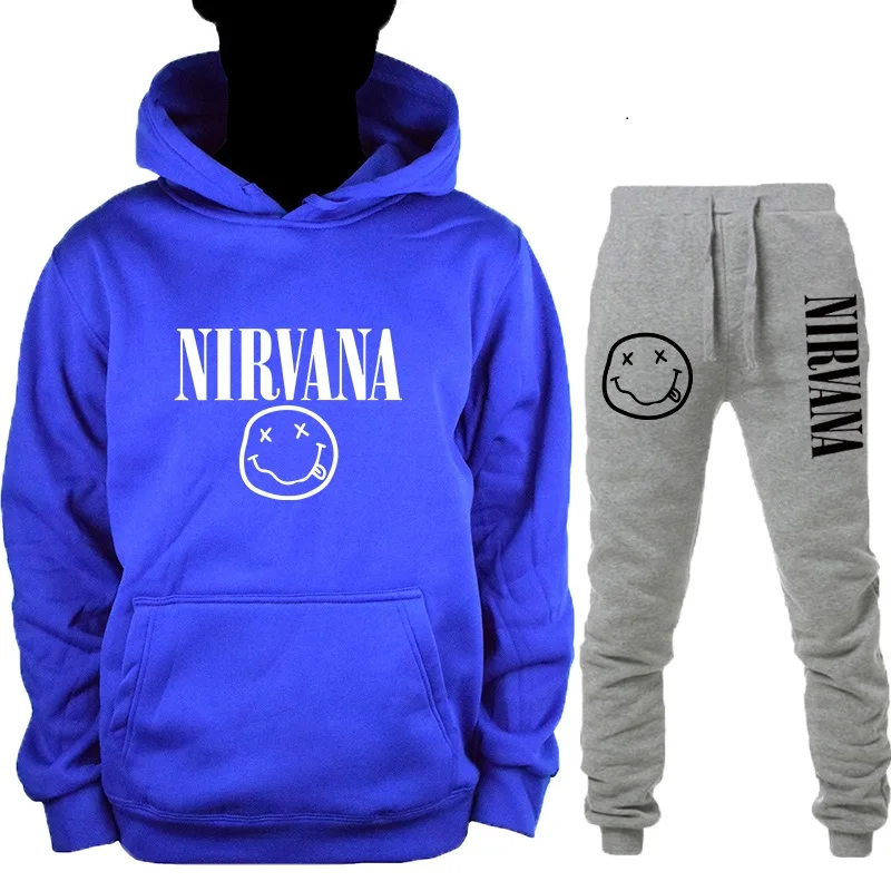 BlueB-HuiK Новинка, осенняя и зимняя теплая толстовка Nirvana, Мужская/Женская модная Толстовка в стиле хип-хоп+ брюки, костюм из 2 предметов - Цвет: BlueB-HuiK