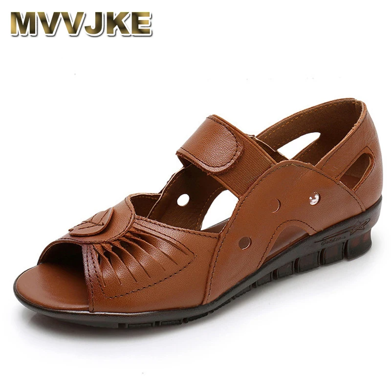 

MVVJKE2020 New Summer Ladies Flat Sandals Genuine Leather Zapatos De Mujer Hollow Out Soft Bottom Women Breathable Bottom Sandal