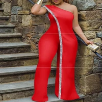 new red sequined detail women irregular jumpsuit sleeveless sexy one shoulder wide leg party club overalls floor jumpsuits 2021