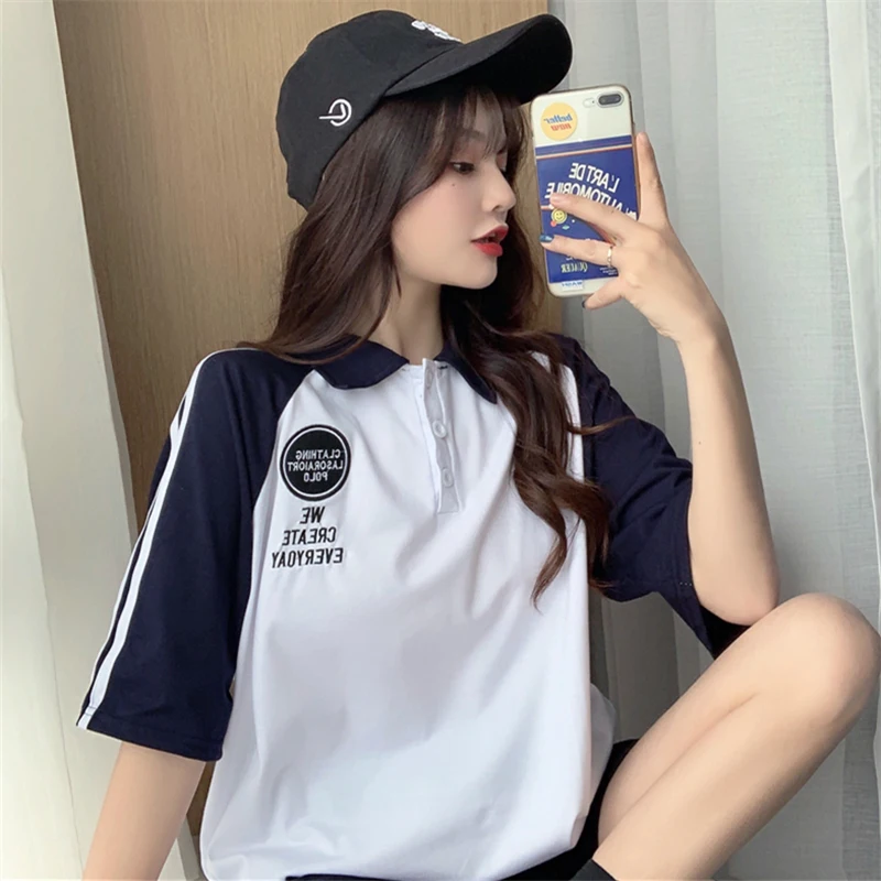 

Polo Shirt Japanese Style Short-Sleeved T-shirt Women's Loose Korean Style Ins Trendy Internet Popular Harajuku Style BF Girlish