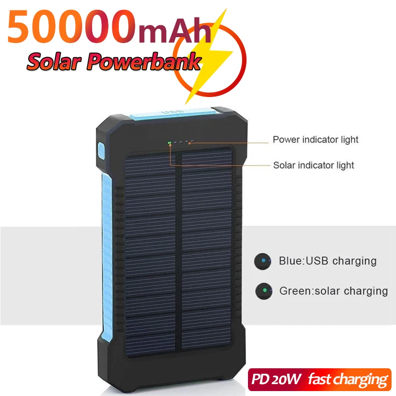 

50000mAh Mobile Power Li-polymer Battery Solar Power Portable External Power Supply Fast Charging Built-in Camping LED Light