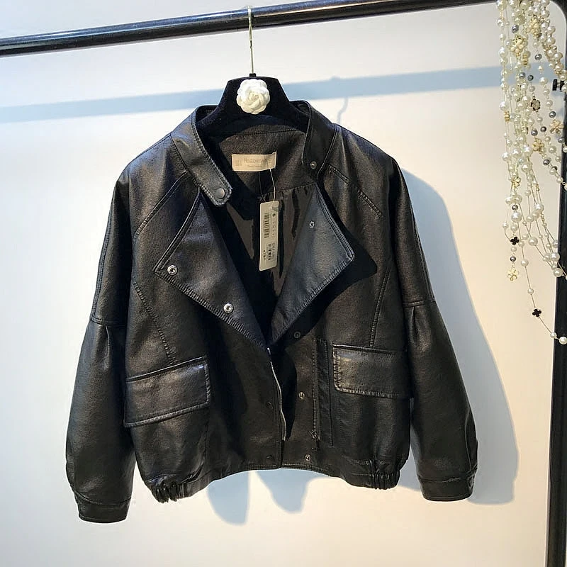 

autumn spring 2020 new women loose short leather female Korean casual pu leather motorcycle jacket black jacket are large size