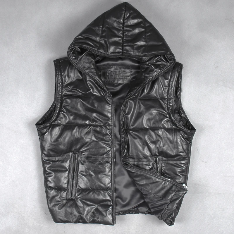 

Nice SHIPPING Mens Hooded Sheepskin Leather Down Jacket Thick Black Pilot Leather Smart Casual Coats Short Slim Feather Dress