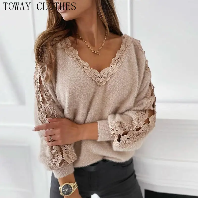 

Women Solid Long Sleeve Loose Cut-out Lace Splicing Sweater