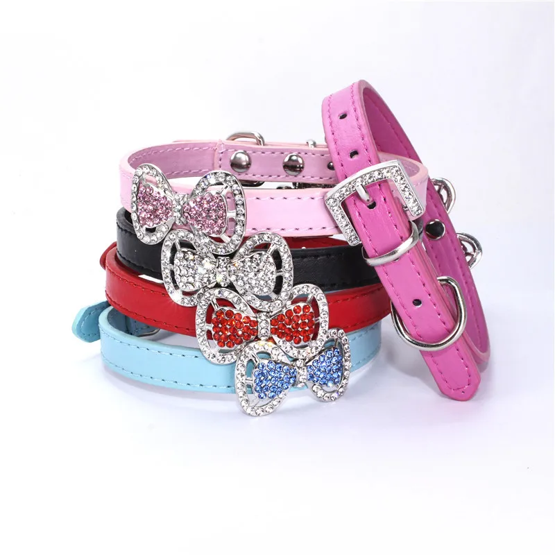 Bling Rhinestone Bowtie Doggy Collar Luxury PU Leather Small Pets Belts Cheap Cute Kitty Collars | Дом и сад
