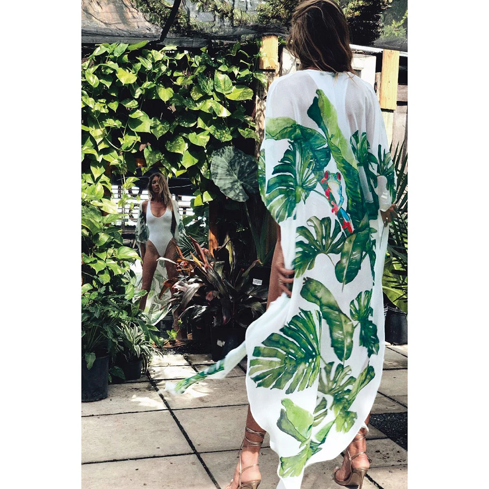 

2021 Boho Print Chiffon Tunic Sexy Bathing Suit Cover-ups Plus Size Beach Wear Kimono Dress Women Summer Swimsuit Cover Up