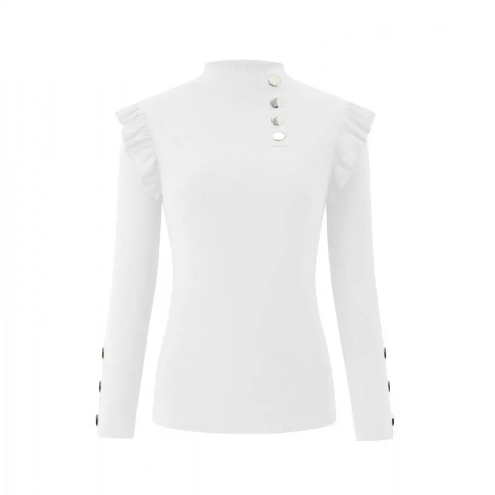 

Autumn Round Neck Ruffles Rib Women's Blouse Office Ladies Long Sleeve Solid Slim Pullover Tops Elegant Basic Female Shirt Blusa