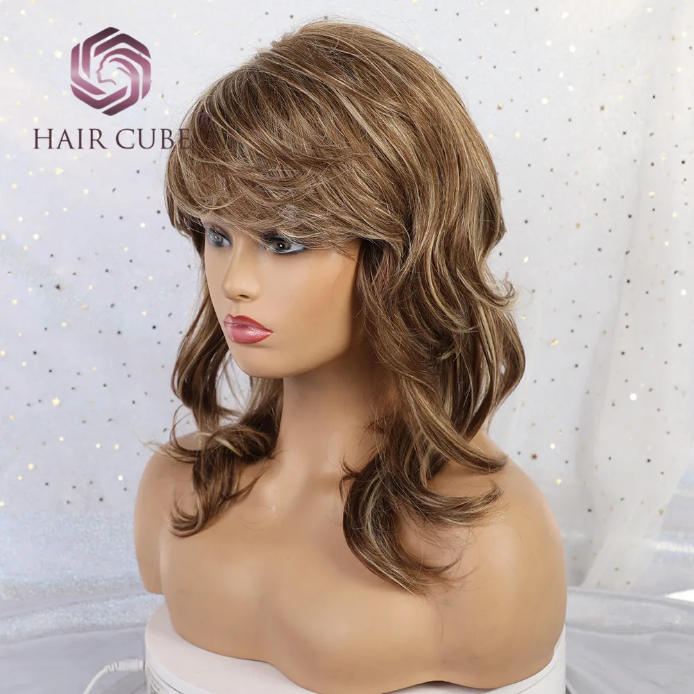 Haircube половина парики с челкой Лолита Длинные волны человеческих волос смесь синтетический парик Пастель коричневый блондин