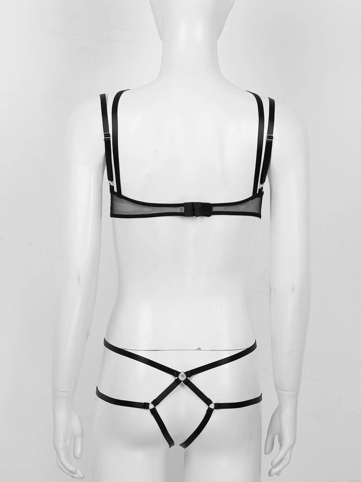 

2Pcs Womens Bandage Sexy Lingerie Set Adjustable Spaghetti Shoulder Straps Open Cups Bra Top with Crotchless Briefs Underwear
