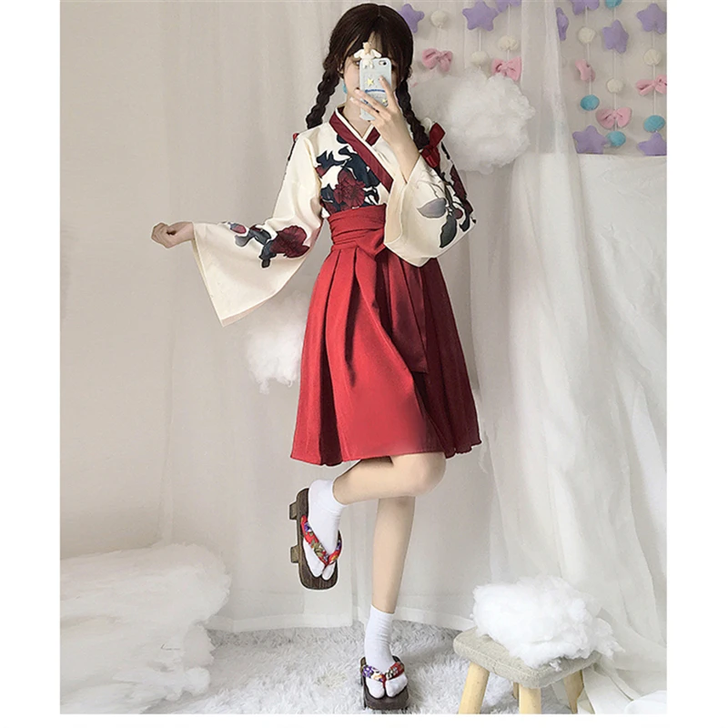 Red Short Set Женские вечерние платья в японском стиле ретро-кимоно с цветочным рисунком и длинными рукавами, летняя модная одежда, топ с бантом, юбка Haori для женщин - Цвет: Red Short Set