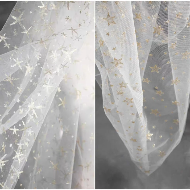 

Sequined Glitter Mesh Tulle Fabric White Stars Sprinkle Gold DIY Background Decor Various Skirts Wedding Dress Designer Fabric