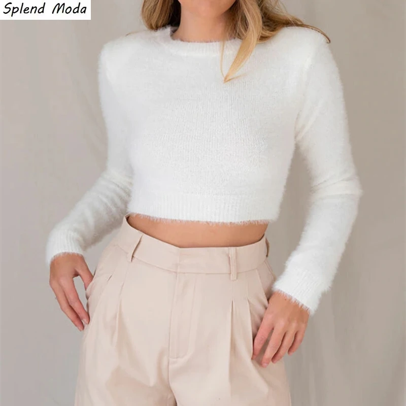 

Autumn Fashion Women O-Neck Woolen Sweater New Solid Color Pullover Long-Sleeve Short Sweater All-Match Fashion Casual Female