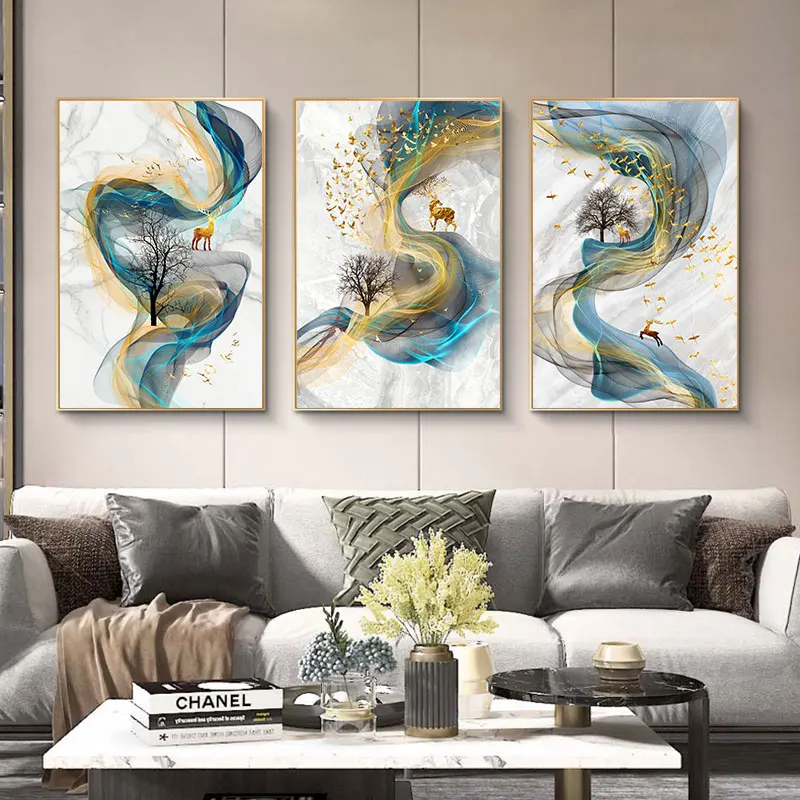 Абстрактная мраморная линия олень птица Холст Искусство нордический плакат и