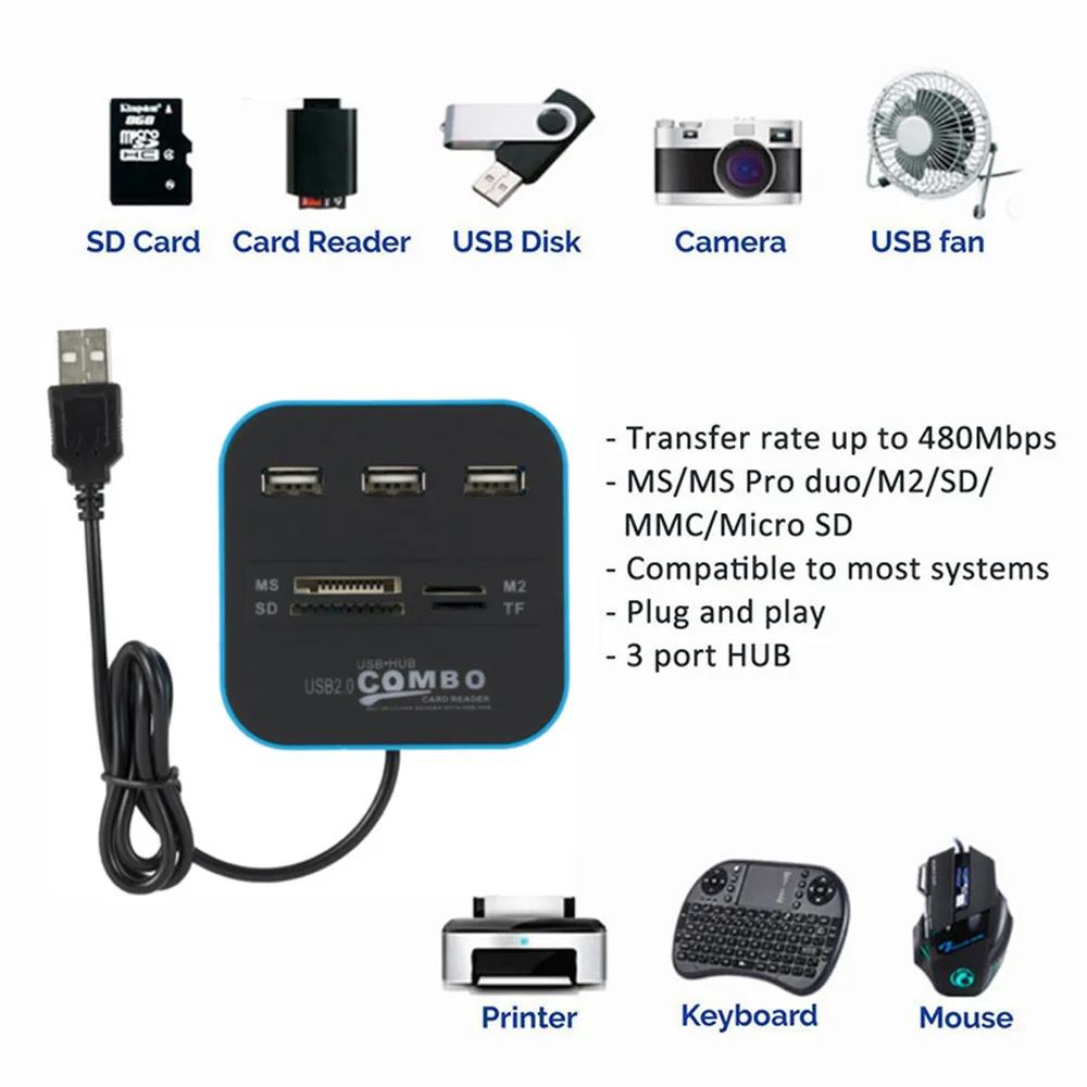 Usb хаб 2 0 3 порта TF Micro SD кардридер слот USB комбинированный мульти все в одном