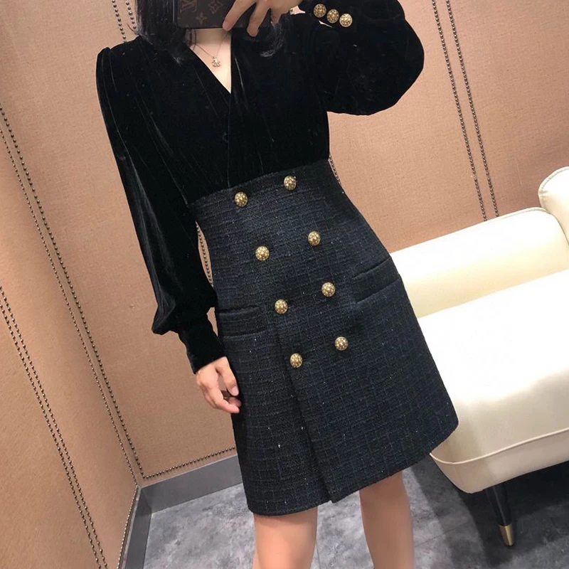 

High Quality OL Work Wear Elegant dress V-neck velvet tweed long-sleeved dress ladies double breasted party black dresses