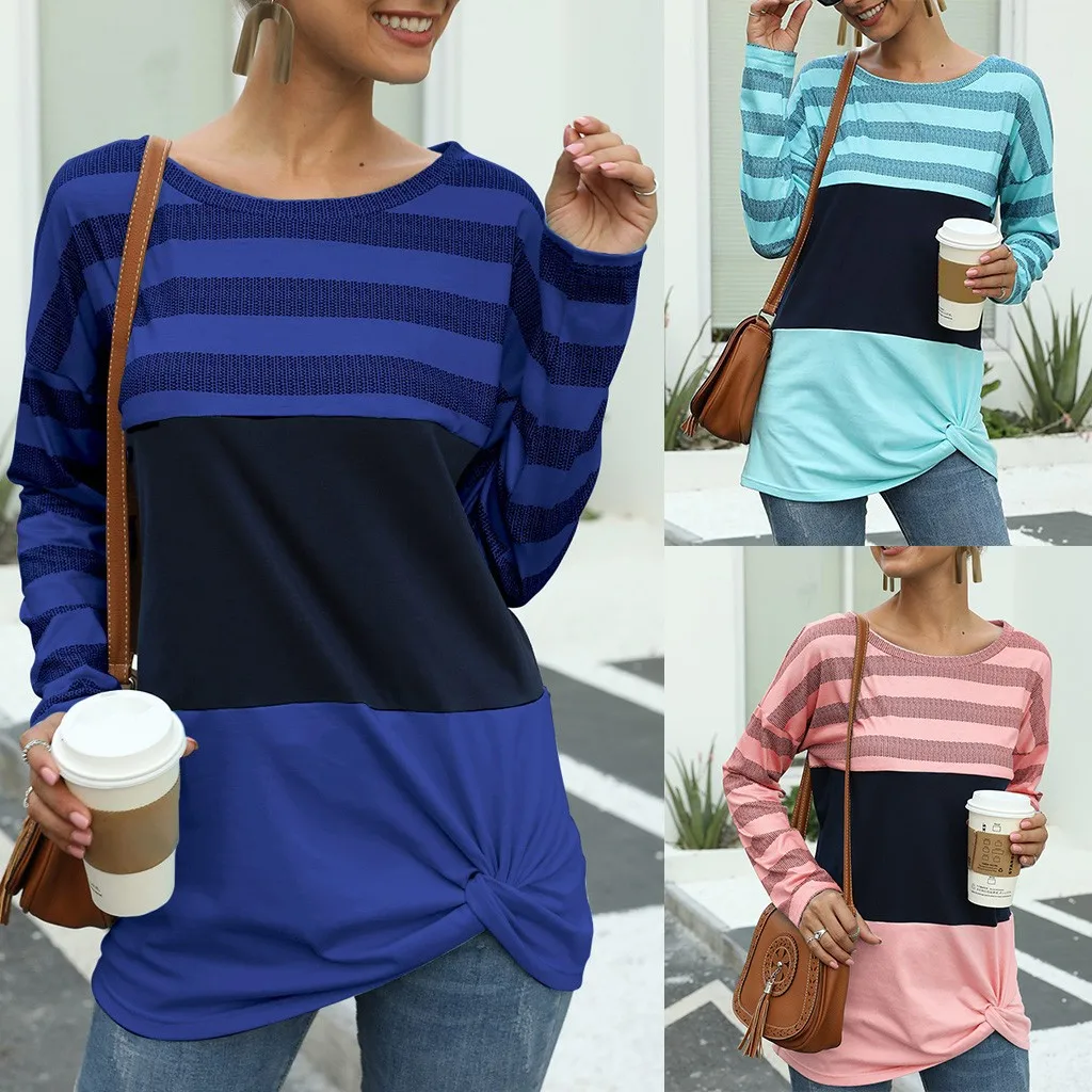 

JAYCOSIN sweater Women O Neck Striped Stitching Knotted Sweater Women O-neck Stripe Splicing Long Sleeve Tie Sweater Casual Tops