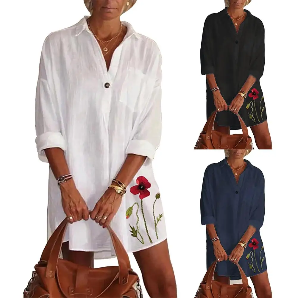 

Women Fashion Turn Down Collar Half Sleeve Pocket Floral Print Mini Shirt Dress