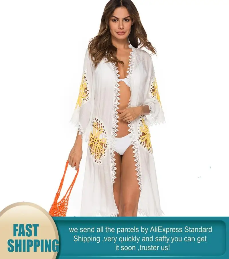 Летнее Длинное пляжное кимоно Boho Цветочный кардиган-кимоно Verano ажурное