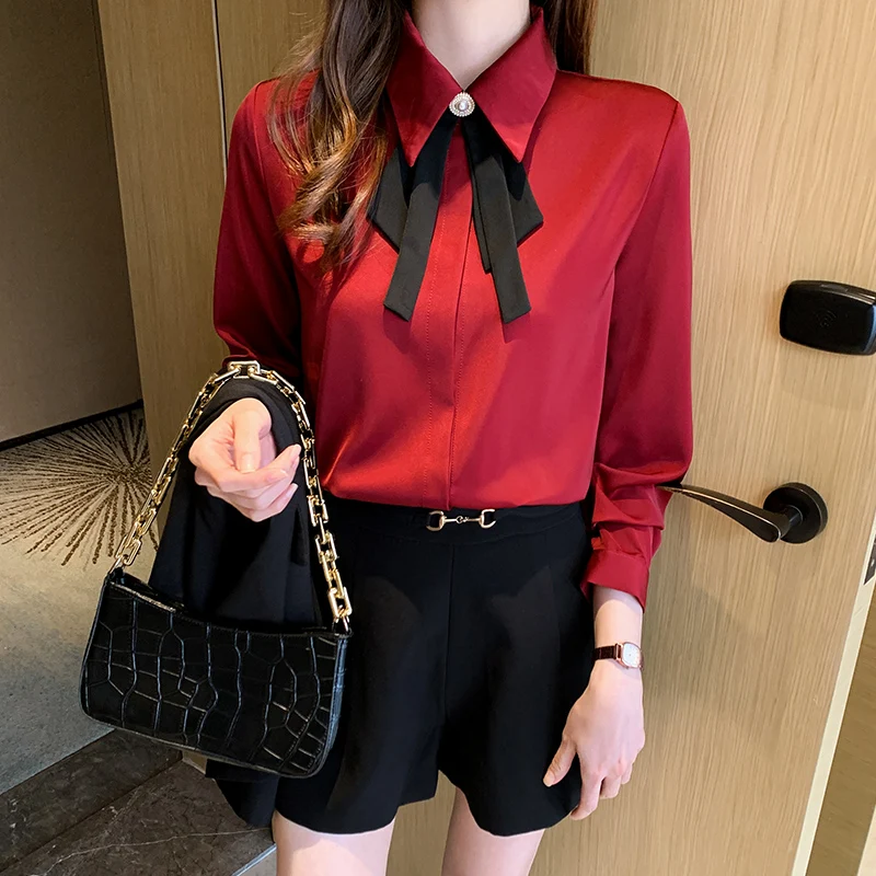 

Chikichi 2021 Spring and Autumn New Korean Fashion Lapel Bow Pure Color Chiffon Ladies Long-sleeved Button Shirt