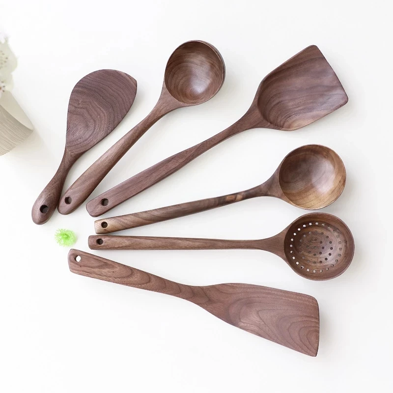 

5PCS Black Walnut Wooden Spoon Non-stick Spatula Handle Cooking Spoons Long Handle Wooden Spoon Cooking Kitchen Utensils Set