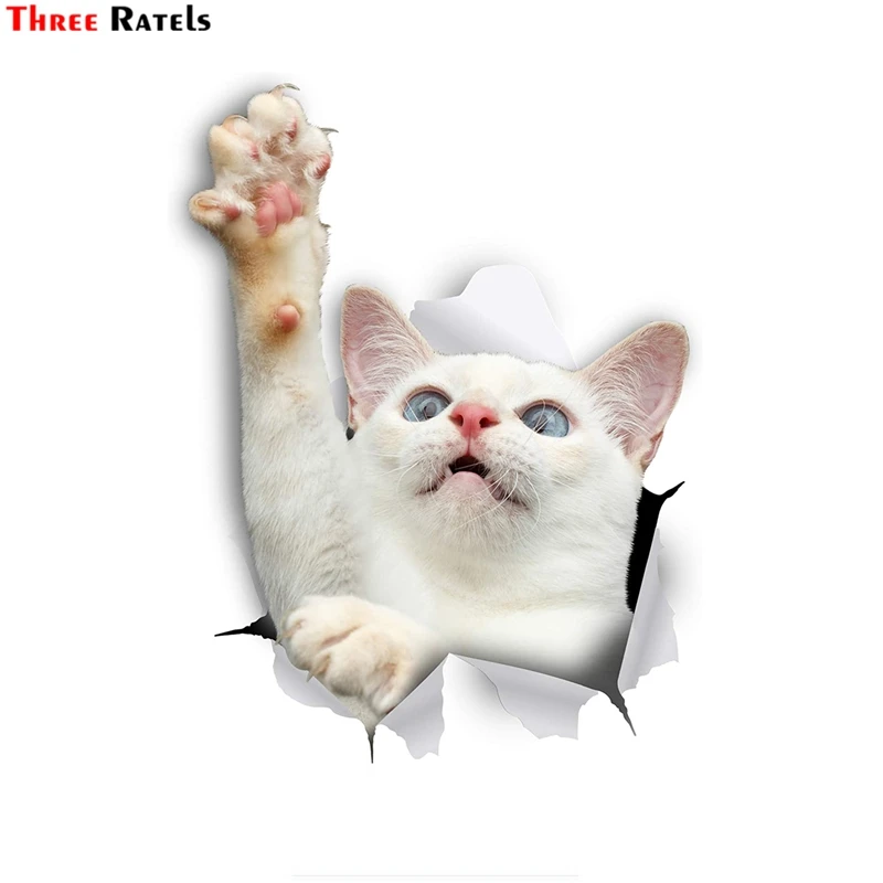 

Three Ratels FTC-1091 3D Cat Sticker White Reaching For Car Wall Fridge Toilet Luggage Skateboard Laptop
