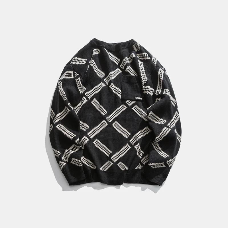 Мужской свитер в стиле ретро с узором виде Аргайл большой размер хип-хоп уличная