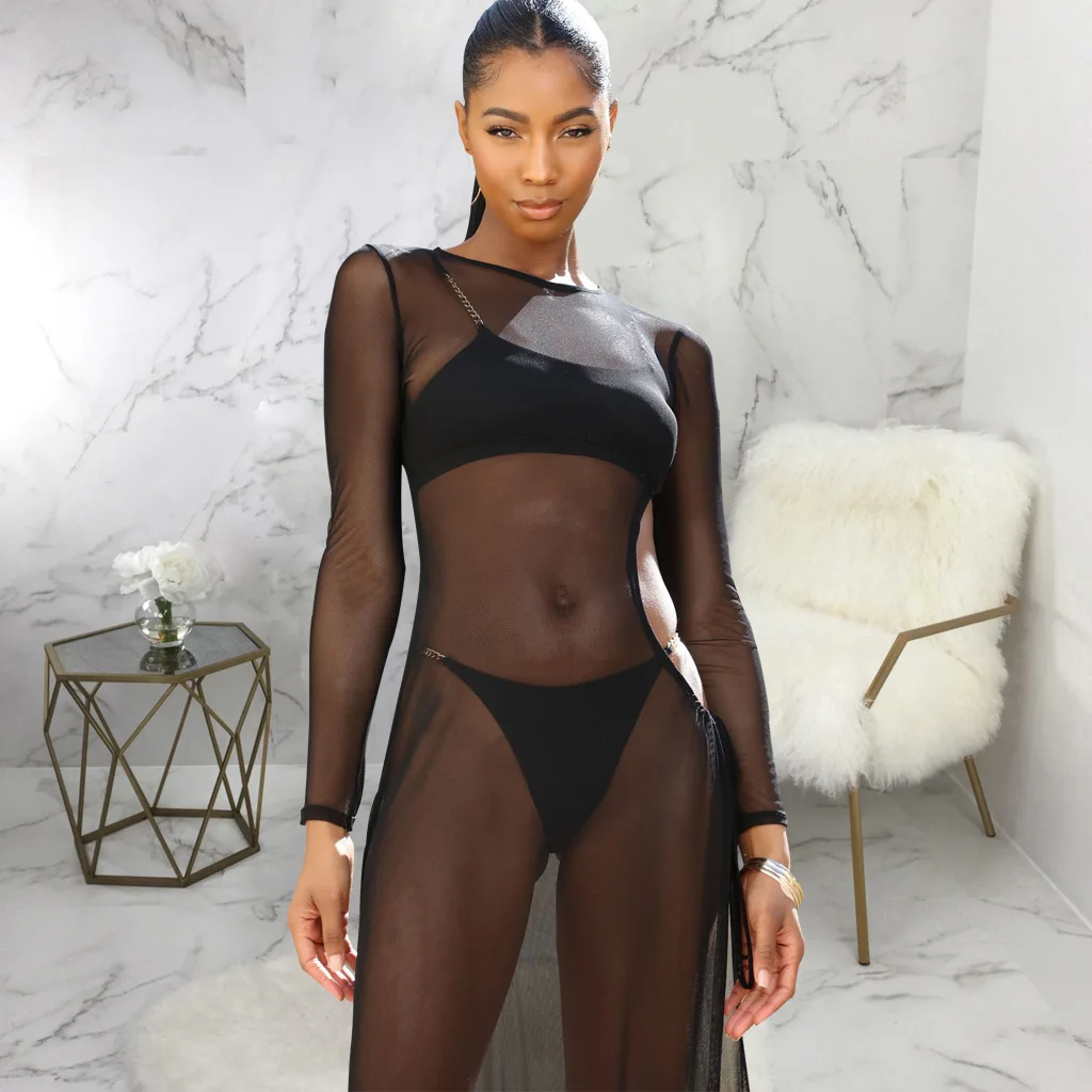 

2022 New Hot Sale Summer Sexy Women Mesh Sheer Long Robe Bikini Cover Up Swimsuit Swimwear Beach Dress Bathing Suit Cover-Ups