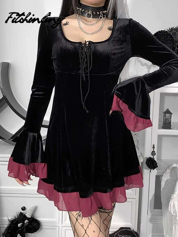 

Fitshinling Goth Velvet Dress Long Flare Sleeve Mesh Trim Lace Up Slim Partywear Tunic Dresses Gothic Punk Dark Sexy Vestido
