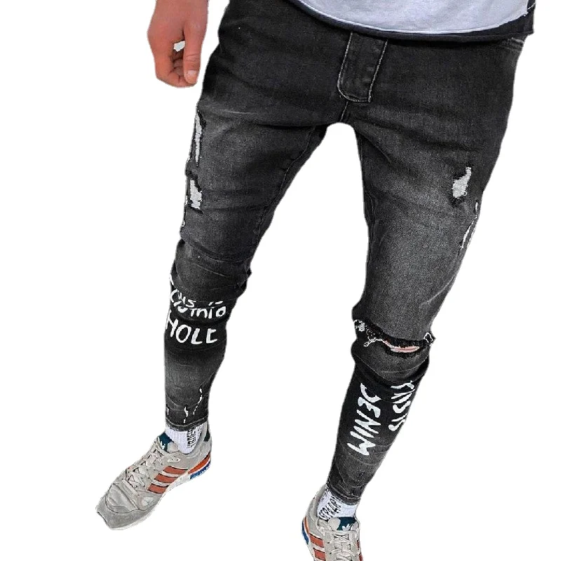 New Fashion Men Jeans Letter Print Worn Hole Elastic Slim Mens Denim Pants Pencil Pants Boyfriend Jeans 90s Denim Jeans for Men