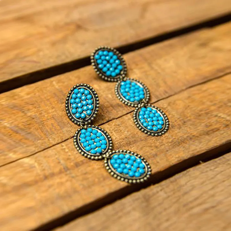 

American Turquoise Oval Earrings Hammered Silver Dangle Earrings Boho Ethnic Style Blue Beads Earrings For Women Accessories