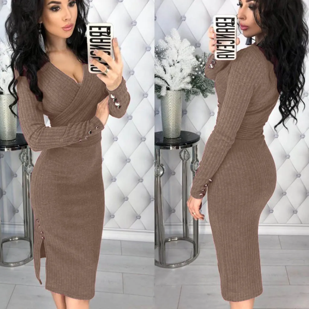 Женское трикотажное платье-свитер MISSOMO обтягивающее облегающее платье с длинным