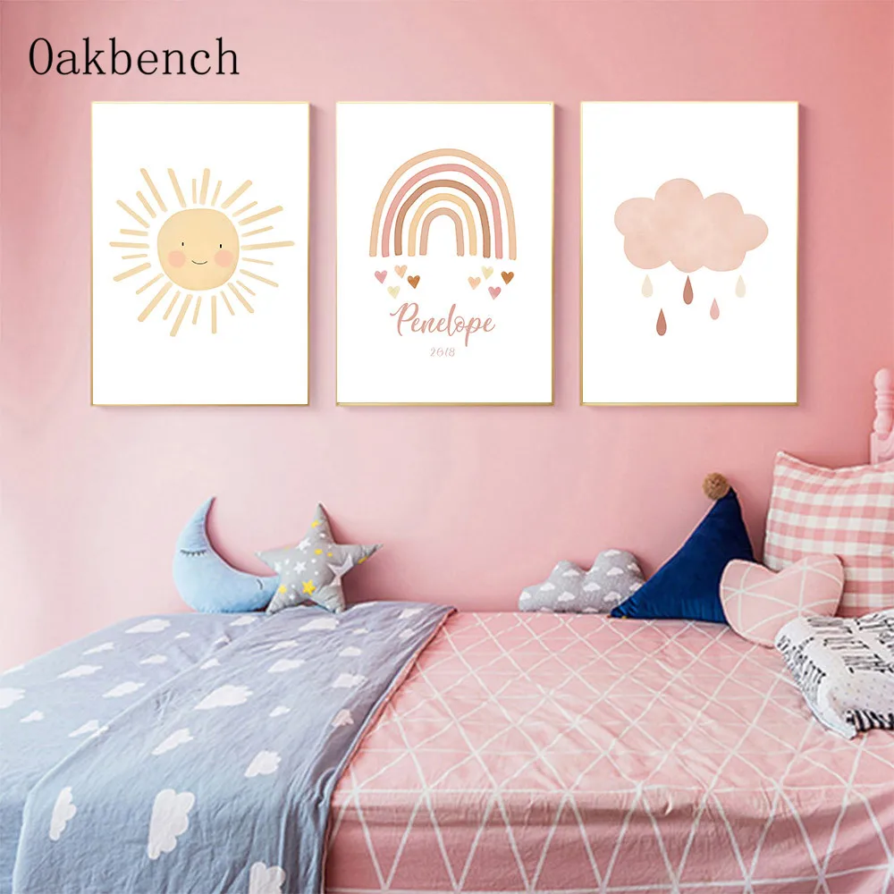 

Nordic Posters Custom Name Canvas Painting Nursery Wall Art Print Sun Cloud Rainbow Wall Pictures Children Bedroom Decoration