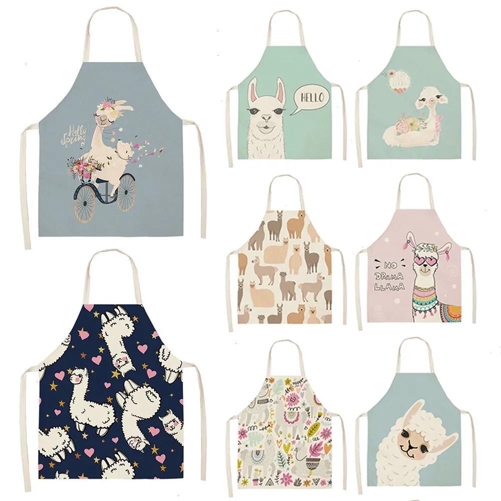 

Cute Alpaca Llama Cactus Printed Cotton Linen Sleeveless Apron Kitchen Women Pinafore Home Cooking Baking Waist Bib 68*55cm