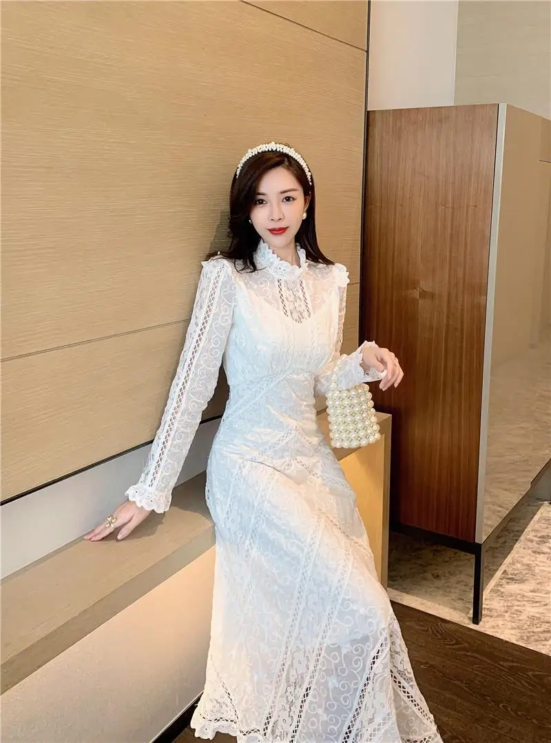 

High-End White Maxi Dress Lady Palace Hollow Lace Temperament Stand Collar Dress Full Sleeve High-waist Slimming Elegant Dress