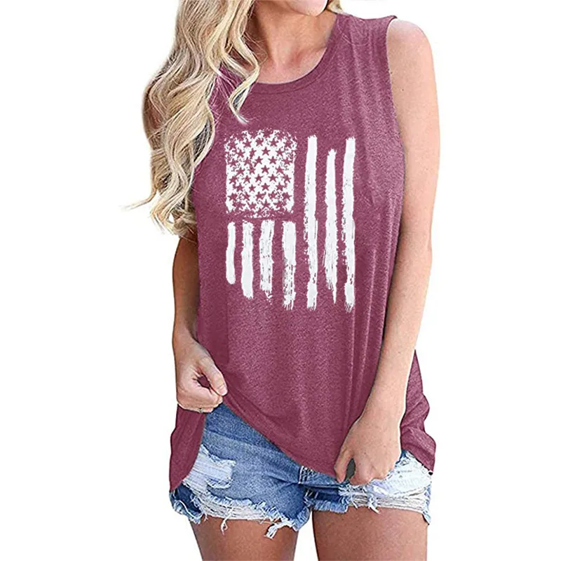 

Summer New American Independence Day Women's American Flag Print New Round Neck Sleeveless Solid Color Vest Casual Loose Top