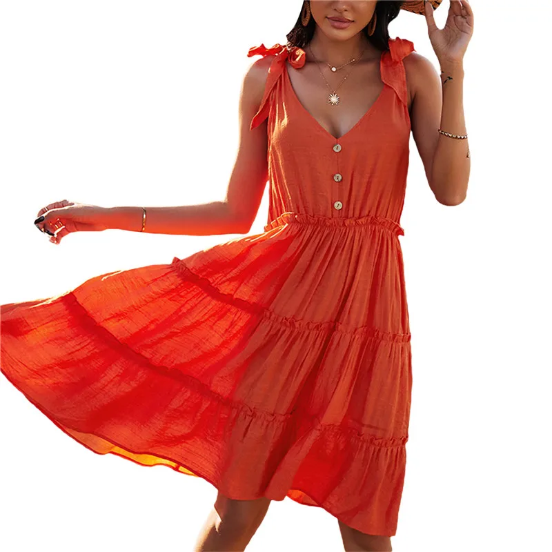 

Women's Solid Color Suspender Summer High Waist Dress Casual Button Decor Boho Mini Dresses Casual Loose A-line Dresses Vestidos