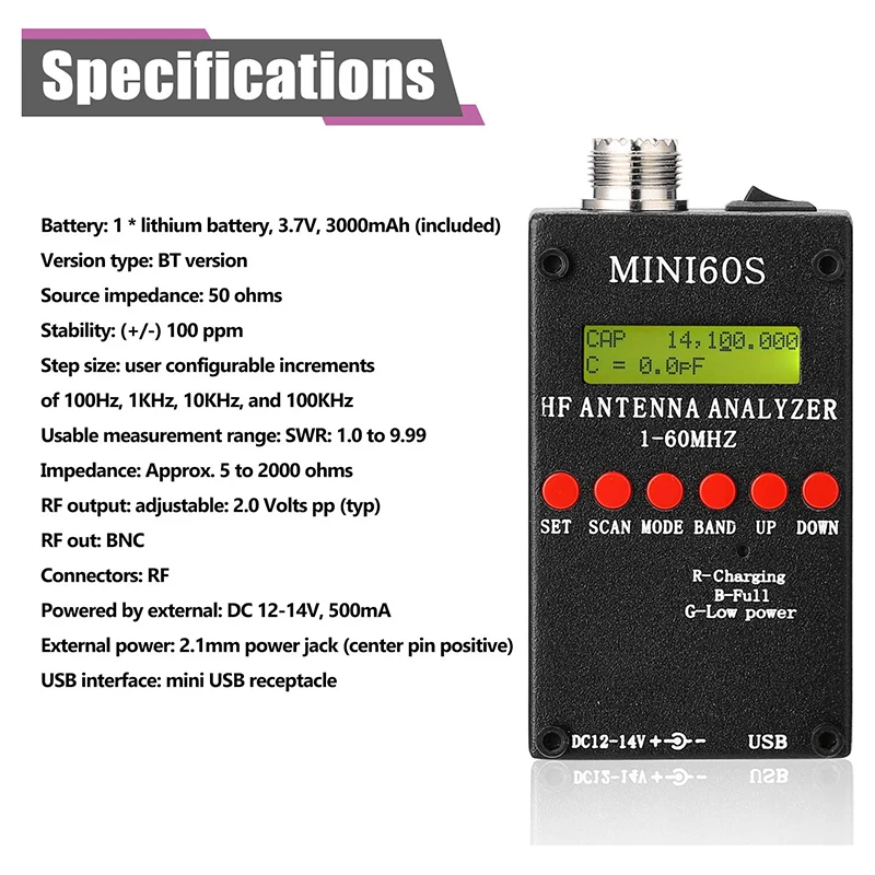 

Mini60S 1-60MHz HF ANT SWR Antenna Analyzer Meter with BT Android APP PC Software for Ham Radio Hobbists