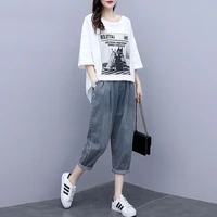 sportsuit womens summer casual pantsuit half sleeve cotton set t shirt loose skinny harlan jeans casual two piece set