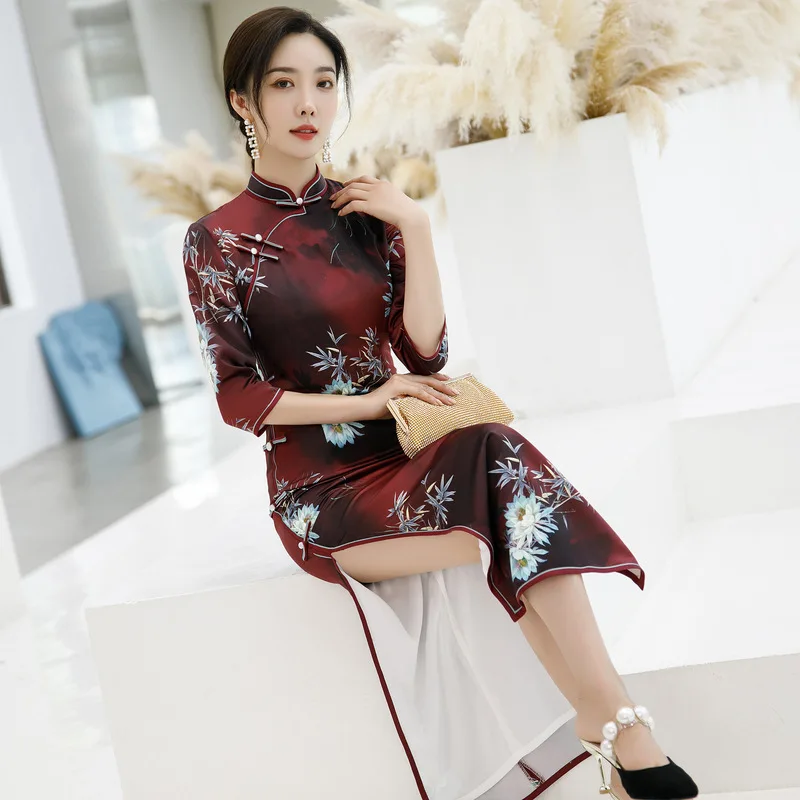 Бордовое длинное платье Ципао с высоким разрезом воротник стойка рукав три